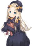  1girl abigail_williams_(fate/grand_order) bangs black_bow black_dress black_hat blonde_hair blue_eyes blush bow bug butterfly closed_mouth commentary_request dress eyebrows_visible_through_hair fate/grand_order fate_(series) forehead hair_bow hat insect long_hair long_sleeves looking_at_viewer object_hug orange_bow parted_bangs polka_dot polka_dot_bow rikoma simple_background sleeves_past_fingers sleeves_past_wrists solo stuffed_animal stuffed_toy teddy_bear very_long_hair white_background 