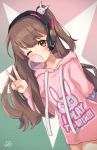  1girl animal_print bangs blush brown_eyes brown_hair bubble_blowing bunny_hair_ornament bunny_print chewing_gum d.va_(overwatch) drawstring dutch_angle eyebrows_visible_through_hair facial_mark hair_ornament headphones highres hood hood_down long_hair looking_at_viewer one_eye_closed one_side_up overwatch peachy_michi solo standing swept_bangs v whisker_markings 