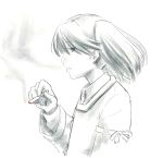  1girl cigarette kantai_collection ryuujou_(kantai_collection) simple_background sketch smoke smoking solo taruhi traditional_media twintails 