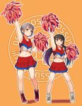  2girls black_hair blush brown_eyes cheerleader closed_mouth collarbone grey_hair idolmaster idolmaster_cinderella_girls kamille_(vcx68) long_hair looking_at_another looking_at_viewer low_twintails multiple_girls nakano_yuka navel orange_background otokura_yuuki parted_lips pom_poms red_skirt shoes short_hair simple_background skirt smile sneakers standing twintails 
