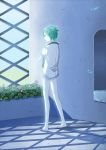  1other absurdres androgynous barefoot colored_eyelashes crystal_hair dressing green_eyes green_hair highres houseki_no_kuni indoors necktie phosphophyllite shirt short_hair solo window window_shade 