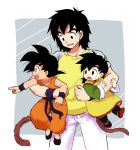  3boys :d :o age_difference black_eyes black_footwear black_hair brothers carrying d: denim dougi dragon_ball dragon_ball_(classic) dragonball_z father_and_son full_body grey_background happy highres index_finger_raised jeans looking_away male_focus multiple_boys nervous nishi1225 open_mouth pants pointing profile shaded_face shirt short_hair siblings simple_background smile son_gohan son_gokuu son_goten spiky_hair standing sweatdrop tail time_paradox two-tone_background upper_body wavy_mouth white_background white_pants wristband yellow_shirt 