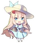  1girl :d ameshizuku_natsuki bag bangs blonde_hair blue_dress blue_eyes blush breasts chibi dress eyebrows_visible_through_hair fate/grand_order fate_(series) flower full_body hair_between_eyes hair_flower hair_ornament hat juliet_sleeves long_hair long_sleeves lowres marie_antoinette_(fate/grand_order) medium_breasts open_mouth pantyhose pleated_dress puffy_sleeves red_flower red_rose rose shoulder_bag simple_background smile solo standing striped sun_hat vertical-striped_dress vertical_stripes very_long_hair white_background white_hat white_legwear 
