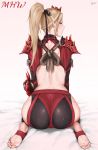  1girl artist_name ass backless_outfit barefoot bed_sheet black_legwear blonde_hair blue_eyes blush braid commentary_request earrings feet from_behind full_body gradient gradient_background hair_ornament highres hip_vent jewelry knot long_hair looking_back mole mole_under_eye monster_hunter monster_hunter:_world odogaron_(armor) ponytail profile rope rosaline seiza shoulder_armor sitting soles solo 
