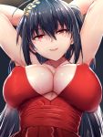  1girl ahoge alternate_costume armpits arms_behind_head azur_lane bangs bare_shoulders black_hair blush breasts choker cleavage collarbone covered_nipples dress eyebrows_visible_through_hair gradient gradient_background hair_between_eyes hair_ornament highres huge_breasts large_breasts long_hair looking_at_viewer open_mouth red_dress red_eyes shinyashiki sidelocks simple_background smile solo sweat taihou_(azur_lane) upper_body very_long_hair 