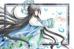  1girl bangs black_hair blue_cape blue_eyes bubble cape floating_hair frame houshin_engi jewelry long_hair open_palms outside_border outstretched_arms profile ring ryuukitsu_koushu simple_background solo tayana_(ddxc8574) very_long_hair white_background 