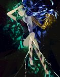  1other androgynous blue_hair crystal_hair dark_background gem_uniform_(houseki_no_kuni) golden_arms green_eyes green_hair highres houseki_no_kuni long_hair looking_at_viewer necktie phosphophyllite phosphophyllite_(ll) see-through short_hair spoilers transformation 