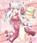  1girl animal_ears artist_name bamboo_steamer bangs baozi bare_legs bare_shoulders black_panties blunt_bangs blush breasts cat_cutout china_dress chinese_clothes cleavage cleavage_cutout dress eating eyebrows_visible_through_hair fang food food_on_face full_body hair_bun hair_ornament hairclip haku_(p&amp;d) highres holding holding_food lilium0235 long_hair looking_at_viewer medium_breasts multicolored_hair navel navel_cutout open_mouth panties paw_print pelvic_curtain puzzle_&amp;_dragons red_eyes redhead side-tie_panties side_slit signature sleeveless solo string_panties tail tiger_ears tiger_tail two-tone_hair underwear white_hair 