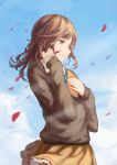  1girl blue_sky brown_eyes brown_hair brown_sweater day floating_hair frilled_skirt frills from_side fujimiya_kaori holding holding_notebook holding_pencil isshuukan_friends long_hair miniskirt notebook outdoors pencil petals shuang_ye skirt sky solo standing sweater wind yellow_skirt 