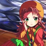  1girl :i :t blush breasts closed_mouth commentary_request curly_hair dragon_quest dragon_quest_vii dress green_eyes hat hood long_hair looking_at_viewer maribel_(dq7) redhead solo 