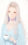  1girl bangs blue_shirt brown_eyes coffee coffee_mug cup drink happy holding light_smile long_hair long_sleeves looking_away mug original sakimori_(hououbds) shirt simple_background smile solo standing upper_body very_long_hair white_background white_hair 