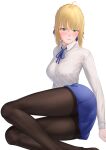  1girl ahoge artoria_pendragon_(fate) black_legwear blonde_hair blue_ribbon blush fate/stay_night fate_(series) green_eyes highres legs pantyhose ribbon saber simple_background sitting skirt tamamoice white_background 