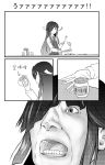  bow bowtie chaos_0829 comic cooking hair_over_one_eye hayashimo_(kantai_collection) hime_cut jar kantai_collection long_hair monochrome open_mouth school_uniform translation_request very_long_hair 