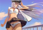  1girl azur_lane blue_eyes blue_sky bow bow_panties bra breasts cleavage clouds commentary day enterprise_(azur_lane) hat jacket kamikakushi_no_ocarino long_hair navel necktie open_clothes open_jacket panties pantyshot pantyshot_(standing) sky solo standing underwear white_hair 