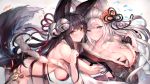  2girls absurdres animal_ears bangs bare_shoulders bell black_gloves black_hair blue_eyes blush breast_grab breasts cleavage closed_mouth collarbone commentary_request detached_sleeves erune eyebrows_visible_through_hair fox_ears fox_tail fur_trim gloves grabbing granblue_fantasy hair_bell hair_between_eyes hair_ornament highres jingle_bell large_breasts lips long_hair looking_at_viewer multiple_girls oyu_(sijimisizimi) parted_lips red_eyes silver_hair simple_background smile socie_(granblue_fantasy) tail teeth upper_body very_long_hair yuel_(granblue_fantasy) yuri 