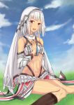  1girl altera_(fate) bangs bare_shoulders black_nails blue_sky blunt_bangs breasts choker clouds commentary_request day detached_sleeves fate/grand_order fate_(series) feet_out_of_frame fingernails full_body_tattoo grass hand_on_own_chest headdress highres jewelry legs lin951212 looking_at_viewer midriff nail_polish navel open_mouth outdoors red_eyes revealing_clothes seiza short_hair showgirl_skirt sitting skirt sky small_breasts socks solo stomach tan tattoo teeth thighs veil white_hair white_skirt 