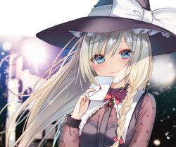  1girl alternate_eye_color bangs black_hat black_vest blonde_hair blue_eyes blurry blurry_background blush bow braid brooch commentary_request eyebrows_visible_through_hair eyes_visible_through_hair hair_between_eyes hair_bow hand_up hat head_tilt heart holding holding_letter jewelry kirisame_marisa lace-trimmed_collar lace_trim lens_flare letter long_hair long_sleeves looking_at_viewer natsuki_(ukiwakudasai) neck_ribbon puffy_sleeves red_bow red_neckwear red_ribbon ribbon single_braid smile solo touhou vest witch_hat 