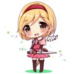 1girl :d bangs blonde_hair blush boots brown_eyes brown_footwear brown_legwear chibi commentary_request djeeta_(granblue_fantasy) eyebrows_visible_through_hair full_body gauntlets hair_between_eyes hairband head_tilt highres holding holding_sword holding_weapon looking_at_viewer nyano21 open_mouth pink_shirt pink_skirt pleated_skirt princess_connect! princess_connect!_re:dive puffy_short_sleeves puffy_sleeves red_hairband revision shirt short_hair short_sleeves signature skirt smile solo sparkle sword thigh-highs thigh_boots weapon white_background 