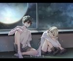  1boy 1girl artist_name bandage black_footwear black_hair black_shorts blonde_hair blue boots eyes full_moon grey_shorts hair_between_eyes head_tilt highres indoors isaac_foster long_hair moon nichts_(pixiv19636538) night open_clothes open_shirt rachel_gardner satsuriku_no_tenshi shirt short_shorts short_sleeves shorts socks white_legwear white_shirt window yellow_eyes 