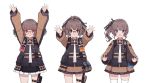 3girls :d :o absurdres ags-30_(girls_frontline) ahoge arms_up bangs binoculars black-framed_eyewear black_skirt black_vest blush brown_eyes brown_shirt collared_shirt commentary_request cowboy_shot eyebrows_visible_through_hair girls_frontline glasses hammer_and_sickle headgear highres long_hair long_sleeves looking_at_viewer multiple_girls necktie open_mouth outstretched_arms over-rim_eyewear petticoat ponytail pouch puffy_long_sleeves puffy_sleeves red-framed_eyewear red_eyes semi-rimless_eyewear shirt side_ponytail sidelocks simple_background skindentation skirt smile spread_fingers star terras thigh-highs thigh_pouch thigh_strap twintails vest wavy_hair white_background white_legwear white_neckwear zettai_ryouiki 