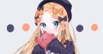  1girl :d abigail_williams_(fate/grand_order) bangs black_bow black_dress black_hat blonde_hair blue_eyes blush bow commentary_request dress eyebrows_visible_through_hair fang fate/grand_order fate_(series) forehead grey_background hair_bow hands_up hat highres holding holding_stuffed_animal inana long_hair long_sleeves looking_at_viewer open_mouth orange_bow parted_bangs polka_dot polka_dot_bow sleeves_past_fingers sleeves_past_wrists smile solo stuffed_animal stuffed_toy teddy_bear 