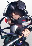  0wsaa0 1girl black_hair bridal_gauntlets eyepatch eyepatch_removed fate/grand_order fate_(series) glowing glowing_eye hair_over_one_eye highres katana low_twintails mochizuki_chiyome_(fate/grand_order) red_eyes reverse_grip rope shimenawa sword twintails weapon 