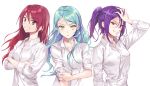  3girls aqua_eyes aqua_hair bang_dream! bangs crossed_arms eyebrows_visible_through_hair green_eyes hand_on_forehead hikawa_sayo inzup long_hair long_sleeves looking_at_viewer multiple_girls ponytail purple_hair red_eyes redhead seta_kaoru shirt simple_background smile udagawa_tomoe white_background white_shirt 