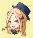  1girl :d abigail_williams_(fate/grand_order) arutone bangs black_bow black_hat blonde_hair blue_eyes blush bow eyebrows_visible_through_hair face fate/grand_order fate_(series) forehead hair_bow hat head highres long_hair looking_at_viewer open_mouth orange_bow parted_bangs polka_dot polka_dot_bow round_teeth signature simple_background smile solo teeth upper_teeth yellow_background 
