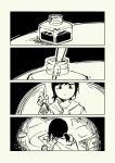  1girl 4koma black_eyes black_hair comic desk drawer drawing expressionless greyscale highres holding holding_pen hood hoodie ink inkwell monochrome nib_pen_(object) no_nose original paper pas_(paxiti) pen ponytail short_hair solo 