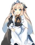  1girl :d alternate_costume ameshizuku_natsuki apron apron_hold bangs black_dress blue_eyes blush dress enmaided eyebrows_visible_through_hair fate/grand_order fate_(series) frilled_apron frills juliet_sleeves light_brown_hair long_hair long_sleeves looking_at_viewer maid maid_apron maid_headdress marie_antoinette_(fate/grand_order) open_mouth puffy_sleeves sidelocks simple_background sketch smile solo twintails very_long_hair white_apron white_background 