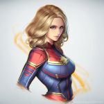  1girl blonde_hair blue_eyes breasts captain_marvel emblem grey_background lips long_hair looking_at_viewer marvel ms._marvel nudtawut_thongmai parted_lips signature smile solo upper_body 