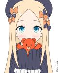  1girl abigail_williams_(fate/grand_order) absurdres atsumisu bangs black_bow black_dress black_hat blonde_hair blue_eyes blush bow closed_mouth commentary_request dress fate/grand_order fate_(series) forehead hair_bow hat highres holding holding_stuffed_animal long_hair long_sleeves orange_bow parted_bangs polka_dot polka_dot_bow simple_background sleeves_past_fingers sleeves_past_wrists smile solo stuffed_animal stuffed_toy teddy_bear twitter_username very_long_hair white_background 