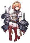  air_qh bag boots bullet chou-10cm-hou-chan_(teruzuki&#039;s) gloves hachimaki headband highres kantai_collection kneehighs light_brown_hair red_footwear rigging short_sleeves simple_background sitting teruzuki_(kantai_collection) white_legwear 