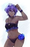  1girl bikini bracelet breasts cowboy_shot eyewear_on_head fate/grand_order fate/prototype fate/prototype:_fragments_of_blue_and_silver fate_(series) fujimaru_ritsuka_(female) hassan_of_serenity_(fate) idk-kun jewelry looking_at_viewer navel purple_hair small_breasts solo sunglasses swimsuit violet_eyes 