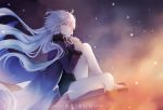  1girl barefoot black_dress blue_cape cape dress fate/grand_order fate_(series) floating_hair fur_trim highres jeanne_d&#039;arc_(alter)_(fate) jeanne_d&#039;arc_(fate)_(all) long_hair looking_at_viewer nichts_(pixiv19636538) parted_lips short_dress silver_hair sitting smile solo very_long_hair yellow_eyes 