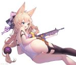  1girl :d ass asymmetrical_legwear bangs bare_shoulders black_legwear blonde_hair blue_eyes blush bow braid breasts checkered checkered_bow commentary eyebrows_visible_through_hair fang g41_(girls_frontline) girls_frontline h&amp;k_g41 hair_between_eyes hair_bow hair_ornament heterochromia highres lee_seok_ho long_hair looking_away low-tied_long_hair name_tag object_namesake one-piece_swimsuit open_mouth purple_ribbon red_eyes ribbon school_swimsuit signature simple_background single_thighhigh small_breasts smile solo swimsuit thigh-highs very_long_hair white_background white_swimsuit 