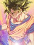  1boy artist_name aura black_eyes black_hair blue_background blurry dougi dragon_ball dragonball_z expressionless floating_hair from_above frown glowing gradient gradient_background highres looking_away male_focus multicolored multicolored_background orange_background pink_background profile purple_background serious shaded_face short_hair simple_background son_gokuu sparkle standing tarutobi twitter_username upper_body wristband 