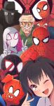 2girls 5boys ;d absurdres black_hair closed_eyes double_v facial_hair fedora hat highres hood kukie-nyan looking_at_viewer marvel multiple_boys multiple_girls mustache one_eye_closed open_mouth peni_parker real_life smile spider-gwen spider-ham spider-man spider-man:_into_the_spider-verse spider-man_(series) spider-man_noir stan_lee sunglasses superhero v 