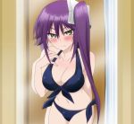  1girl ameno_sagiri_(yuragisou_no_yuuna-san) bikini breasts cleavage green_eyes ponytail purple_hair screencap stitched swimsuit third-party_edit yuragisou_no_yuuna-san 