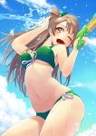  1girl ;d bikini blue_sky breasts brown_hair clouds day embarrassed from_below green_bikini green_ribbon gun hair_ribbon highres holding holding_gun holding_weapon long_hair love_live! love_live!_school_idol_project minami_kotori navel one_eye_closed open_mouth outdoors ribbon side-tie_bikini sky smile solo sunga2usagi swimsuit tied_hair under_boob very_long_hair water_gun weapon white_ribbon yellow_eyes 