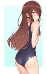  1girl ass brown_eyes brown_hair cowboy_shot embarrassed from_behind highres idolmaster idolmaster_shiny_colors long_hair looking_at_viewer nnoelllll okota_(pixiv) oosaki_tenka school_swimsuit simple_background solo swimsuit white_background 