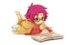  1girl artist_name blackma_(pagus0012) book closed_mouth fa facial_mark fire_emblem fire_emblem:_fuuin_no_tsurugi fire_emblem_heroes forehead_mark glasses green_eyes highres long_sleeves lying mamkute nintendo on_stomach open_book pointy_ears purple_hair short_hair simple_background solo white_background 