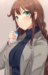  1girl alternate_costume bangs blue_eyes blue_sweater blush braid breasts brown_hair carton casual drinking drinking_straw eyebrows_visible_through_hair green_eyes grey_jacket holding jacket kantai_collection large_breasts long_hair long_sleeves looking_at_viewer noshiro_(kantai_collection) open_clothes open_jacket ribbed_sweater shinyashiki sidelocks solo sweater swept_bangs twin_braids upper_body 