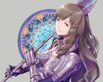  1girl amatari_sukuzakki armor brown_eyes brown_hair fire_emblem fire_emblem:_kakusei gloves hair_ornament long_hair looking_at_viewer nintendo open_mouth simple_background smile solo sumia thigh-highs weapon 