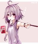  1girl 2018 ahoge armpits bangs dated eyebrows_visible_through_hair food hachikuji hair_between_eyes holding long_hair low_twintails mouth_hold pocky purple_hair shirt solo tank_top twintails violet_eyes vocaloid voiceroid white_shirt yuzuki_yukari 