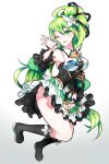  1girl armpits bare_shoulders chuki_(lydia) detached_sleeves elf elsword flower green_eyes green_hair hair_flower hair_ornament highres long_hair ok_sign one_eye_closed open_mouth pointy_ears rena_(elsword) side_ponytail smile wind_sneaker_(elsword) 