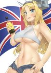  1girl absurdres alternate_costume blonde_hair blue_eyes bottle breasts commentary_request cowboy_shot flag flag_background hairband hand_on_hip headgear highres kantai_collection large_breasts long_hair looking_at_viewer nelson_(kantai_collection) open_fly short_shorts shorts solo soushou_nin tank_top under_boob union_jack 
