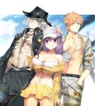  1girl 2boys bb_(fate)_(all) bb_(swimsuit_mooncancer)_(fate) breasts cloak edmond_dantes_(fate/grand_order) fate/extra fate/extra_ccc fate/grand_order fate_(series) fedora hair_over_one_eye hat highres jacket large_breasts long_hair multiple_boys orange_hair purple_hair robin_hood_(fate) teddy_(khanshin) very_long_hair violet_eyes waist wavy_hair white_bikini_top white_hair yellow_jacket 