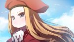  1girl absurdres bangs beret bird blonde_hair blue_eyes blue_sky blush capelet closed_mouth clouds colored_eyelashes commentary_request day floating_hair forehead hat highres long_hair looking_away original outdoors parted_bangs portrait red_capelet red_hat sky smile solo very_long_hair wada_kazu 