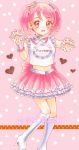  1girl boots candy candy_hair_ornament food food_themed_hair_ornament frilled_skirt frilled_sleeves frills furuta_(company) furutan hair_ornament heart highres looking_at_viewer mascot midriff open_mouth pink_background pink_hair pink_skirt polka_dot polka_dot_background short_sleeves skirt smile solo standing standing_on_one_leg twintails 